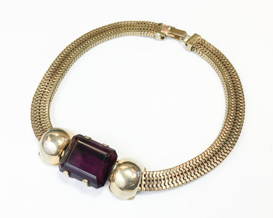 1940s Amethyst Coil Necklace | 40s Gold Box Style Coil Choker | Purple Coil Choker