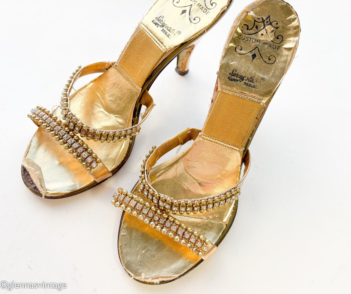 1950s Gold Springolators Heels Heeled Sandals, Size 7