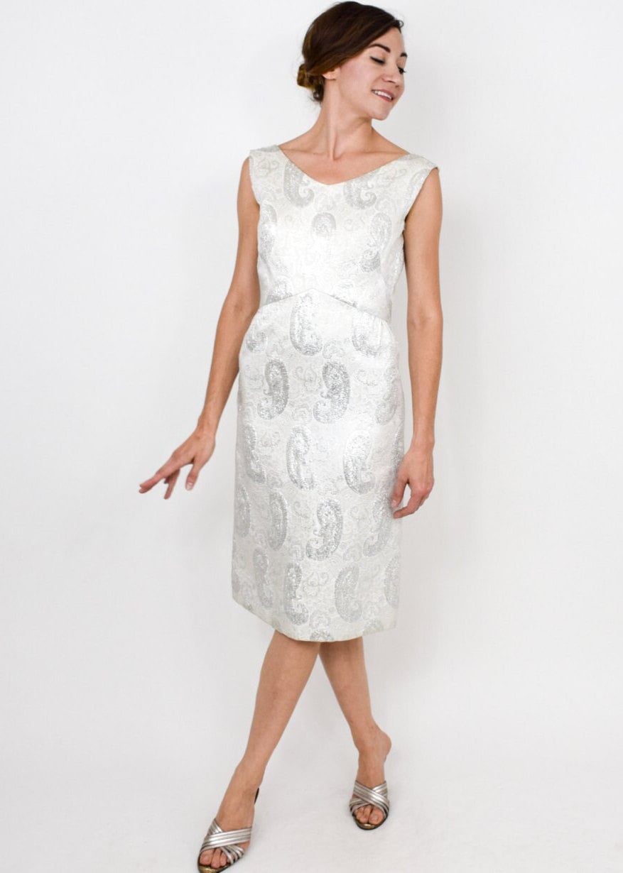 1960s Metallic Silver & White Brocade Dress, Small