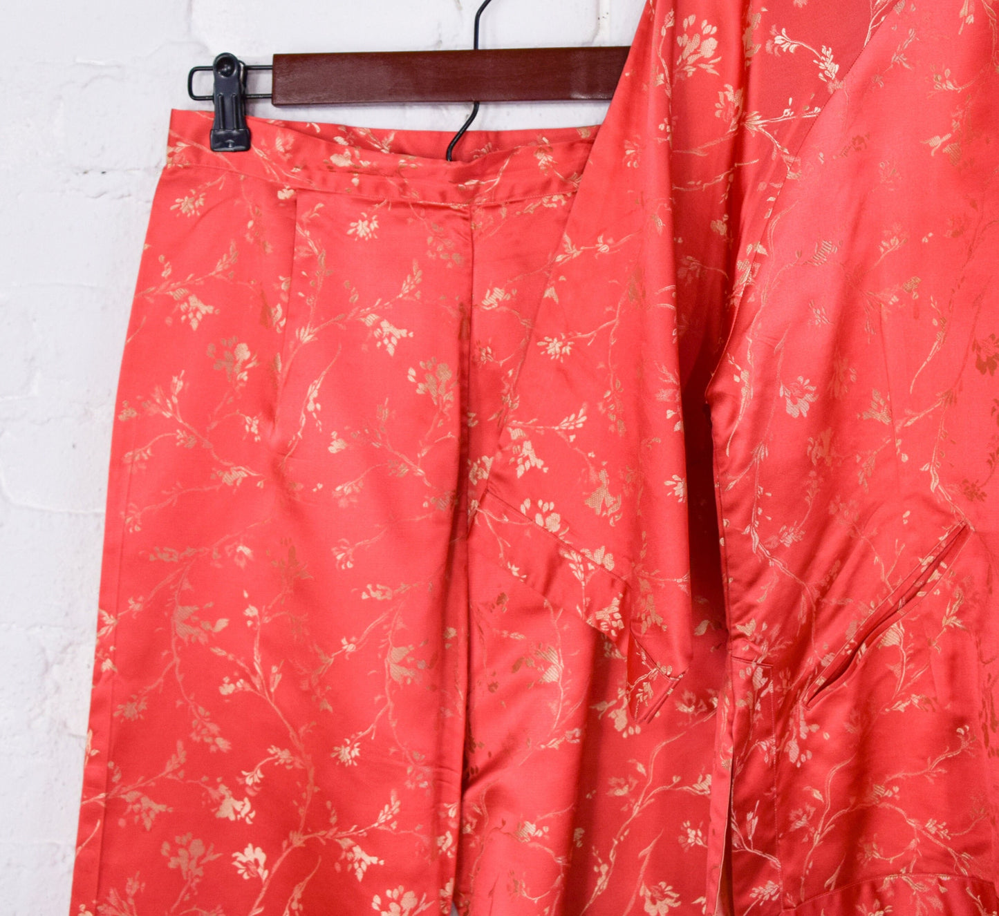 1950s Orange Asian Slacks Set | Silk Jacket & Pants, Medium