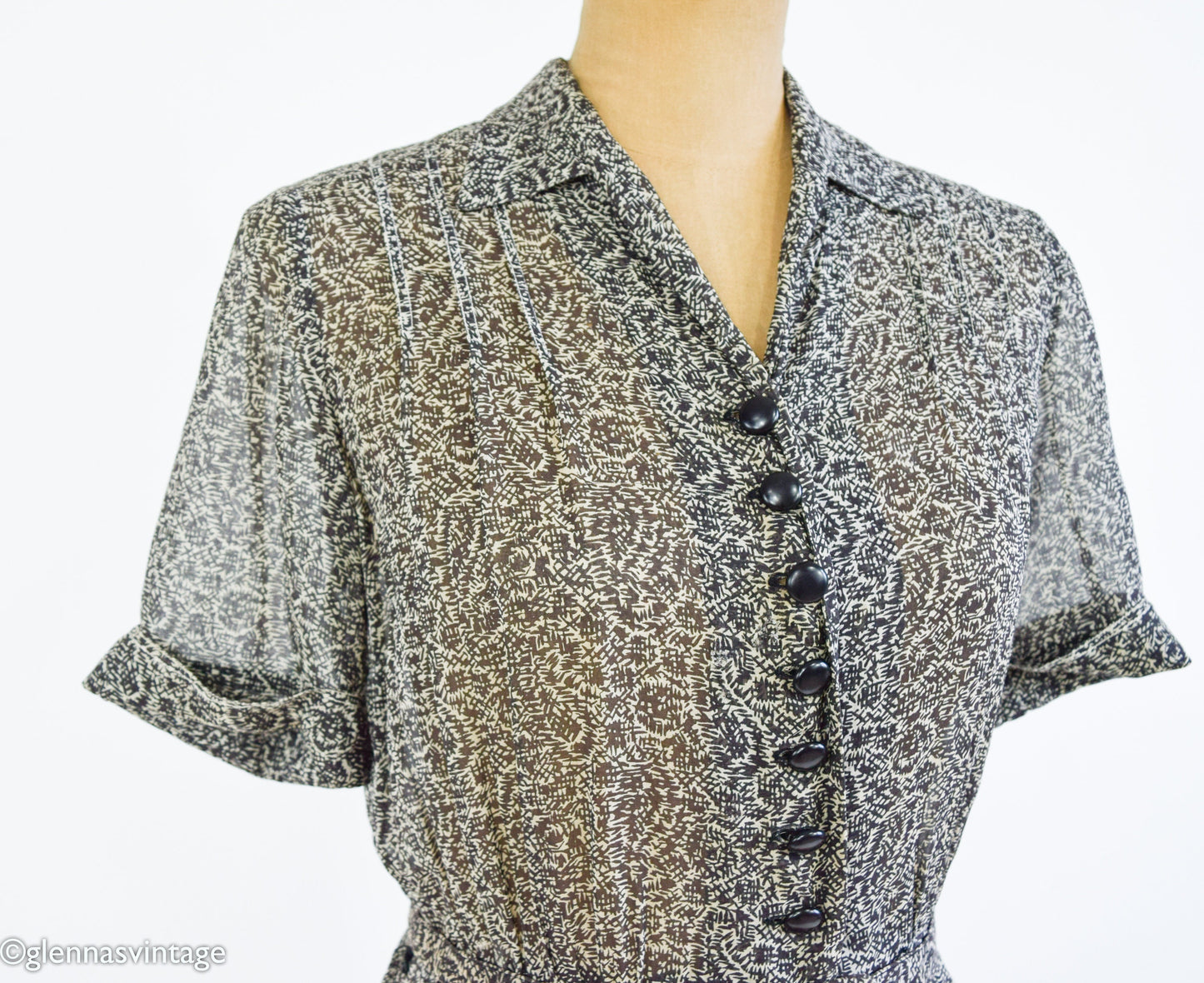 1950s Black & White Print Shirtwaist Dress, Medium