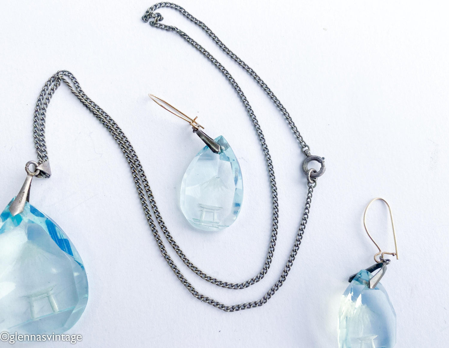 1950s Mt Fuji Scene in Blue Glass Pendant Necklace and Earring Set