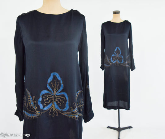 1920s Art Deco Black Silk Dress | Embroidered Drop Waist, Medium