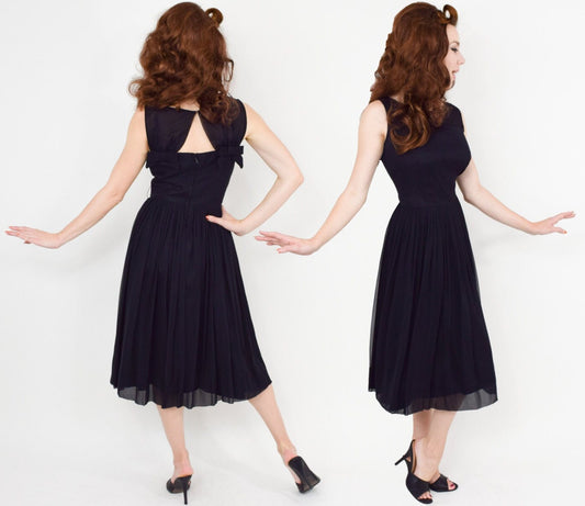 1950s Black Silk Chiffon Party Dress | 50s Black Chiffon Cocktail Dress | Small