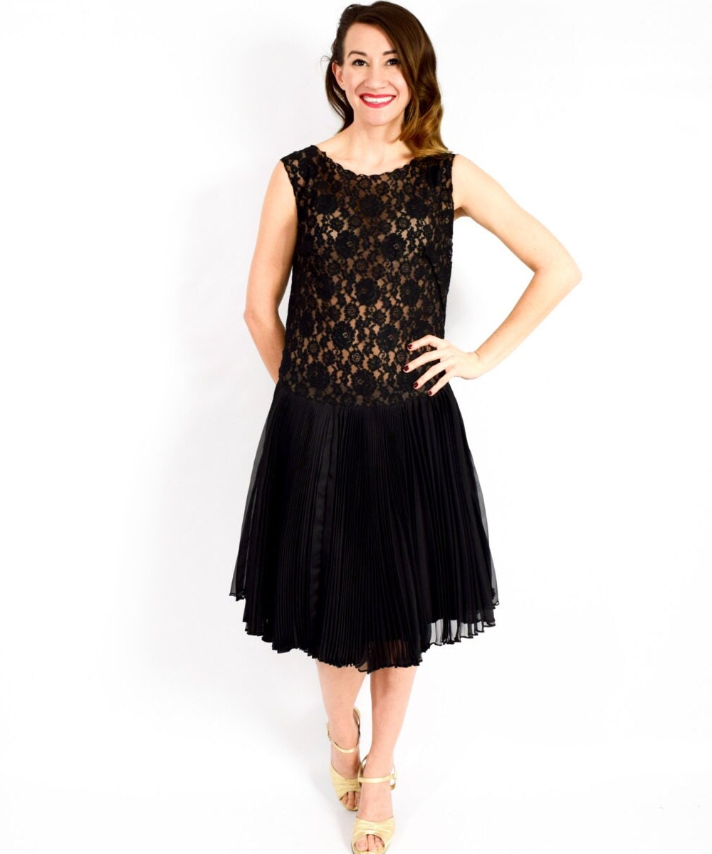 1950s Black Lace Party Dress | 50s Black Sleeveless Drop Waist Cocktail Dress | Blouse de Jour by Saab | Small
