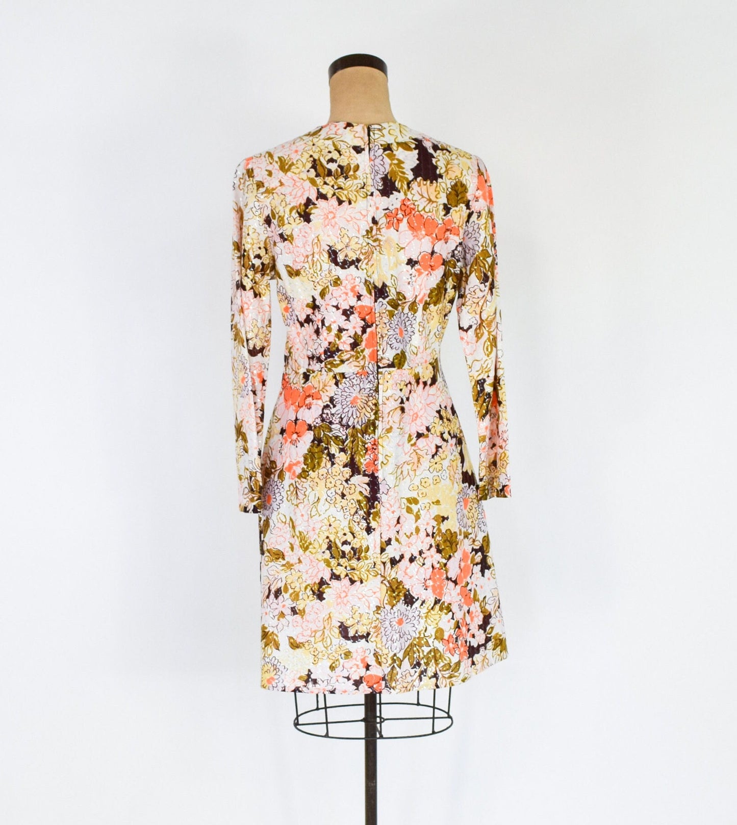 1960s Orange Floral Mini Dress | 60s Metallic Floral Mini Dress | Sandy Lane | Medium