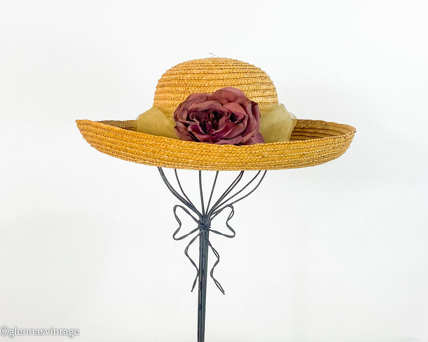 Vintage 90s Straw Hat with Dusty Rose