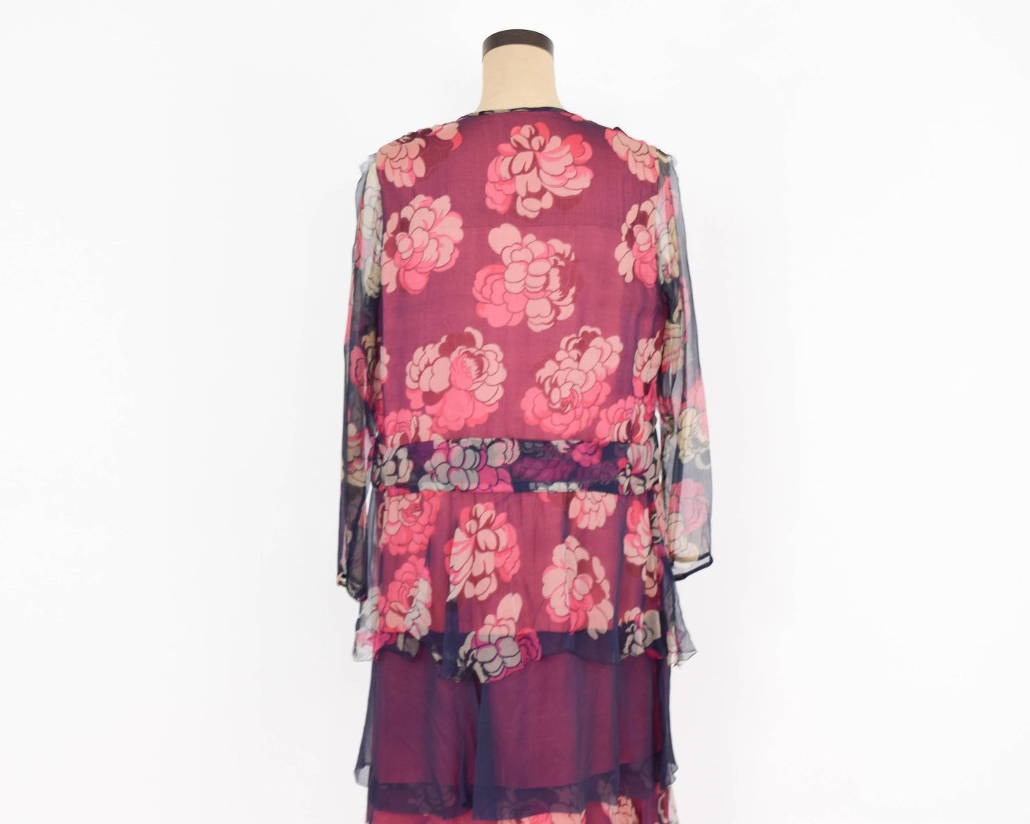 1900s  Navy & Red Floral Layered Dress | Navy Flowered Silk Chiffon Dress | Large