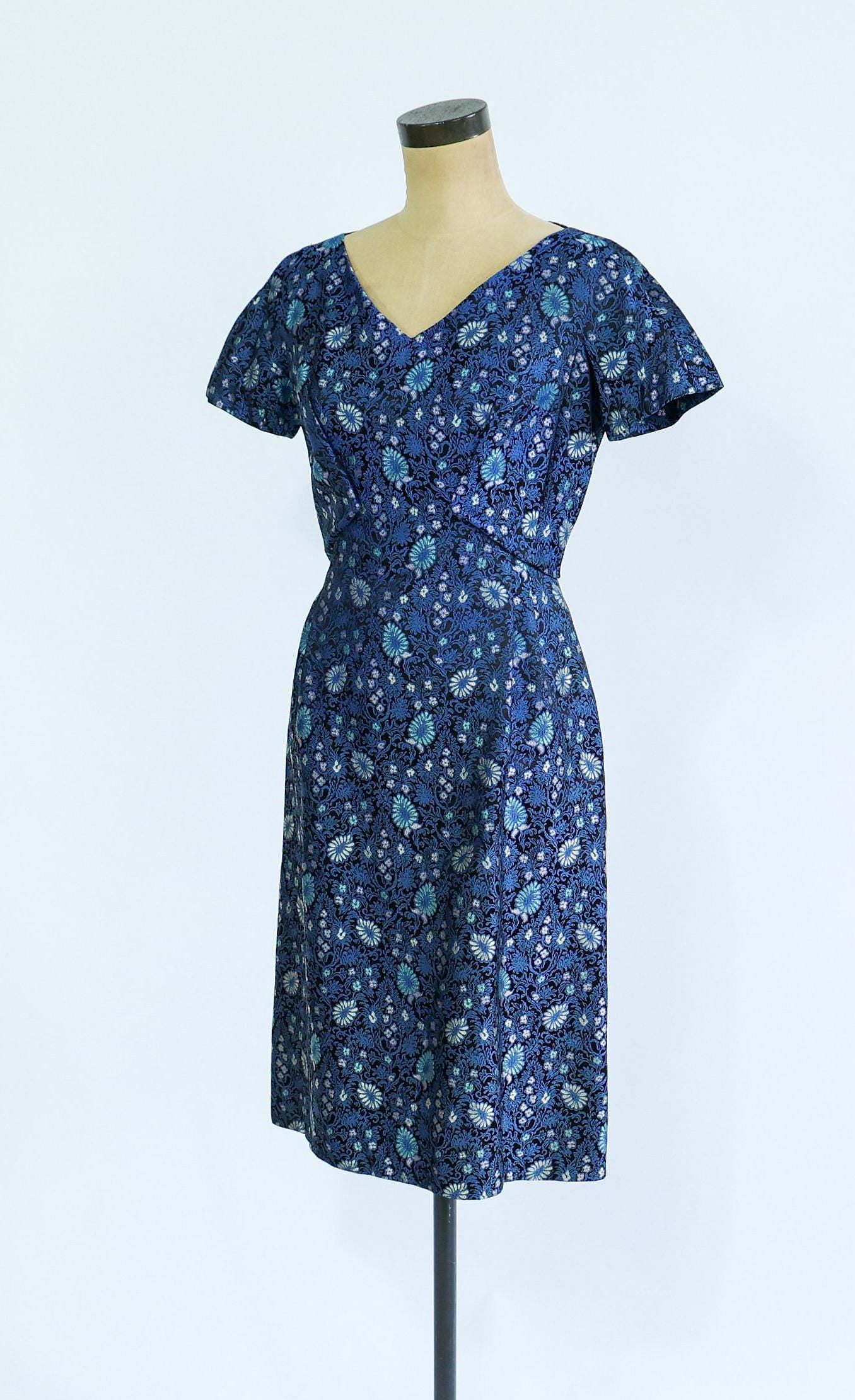 1960s Blue Brocade Dress & Jacket Set | 60s Navy Blue Print Brocade Dress Set | Mary Louise | Small