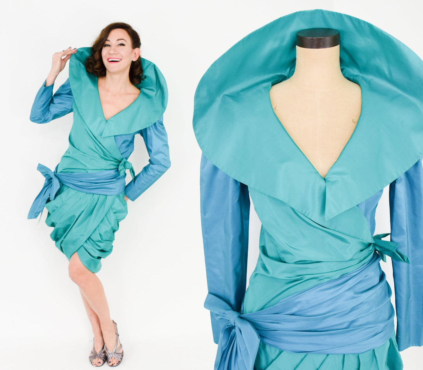 1990s Blue Silk Cocktail Dress | 90s Turquoise Blue Silk Taffeta Wrap Dress | Vera Casalino Paris | Medium