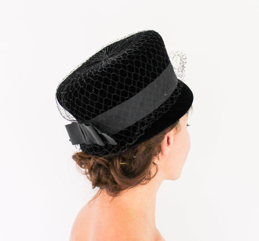 1960s Black Velvet High Crown Hat, Jackie O Style