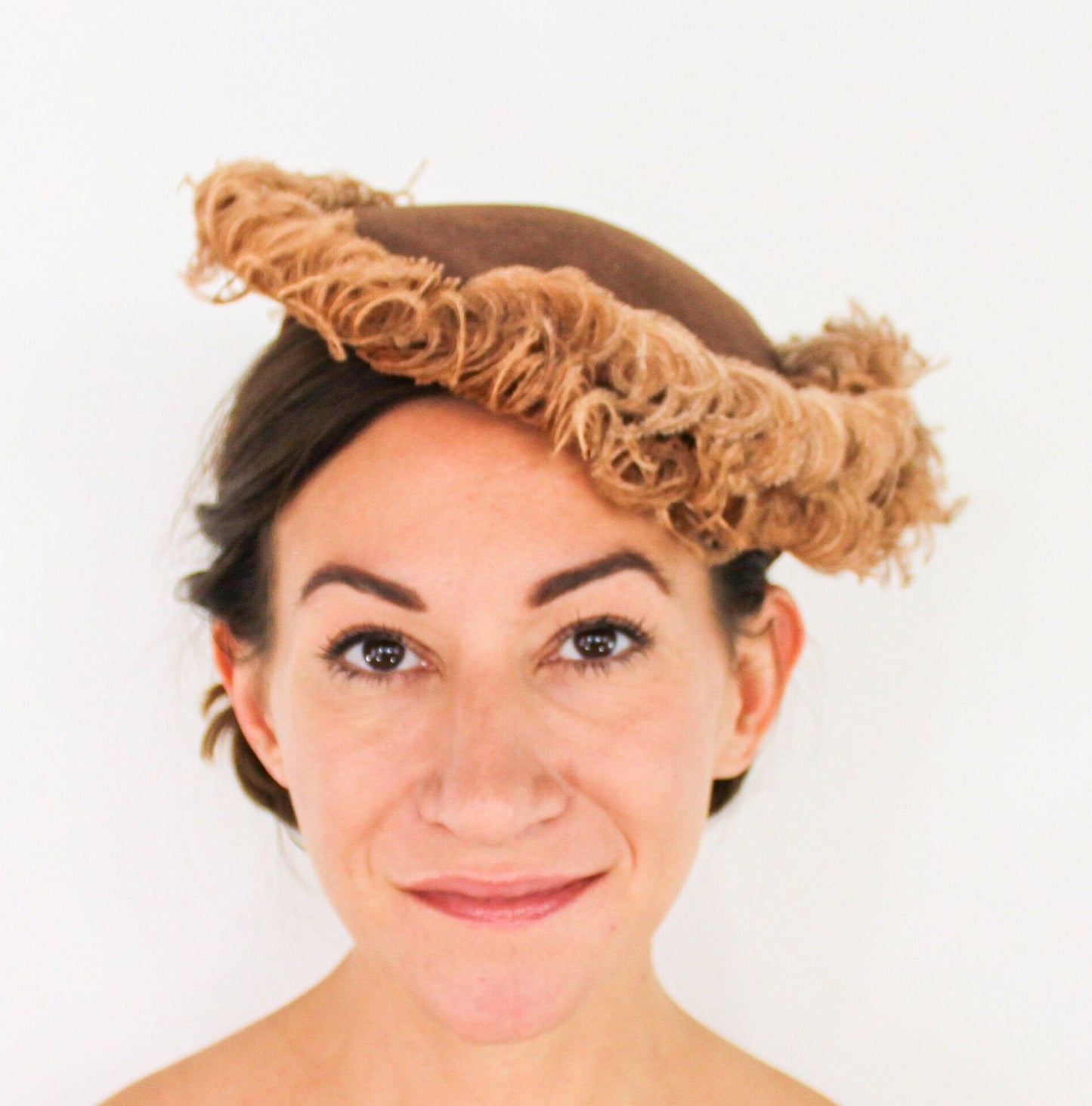 1950s Brown Wool Velour Saucer Hat | Vintage Feather Trim
