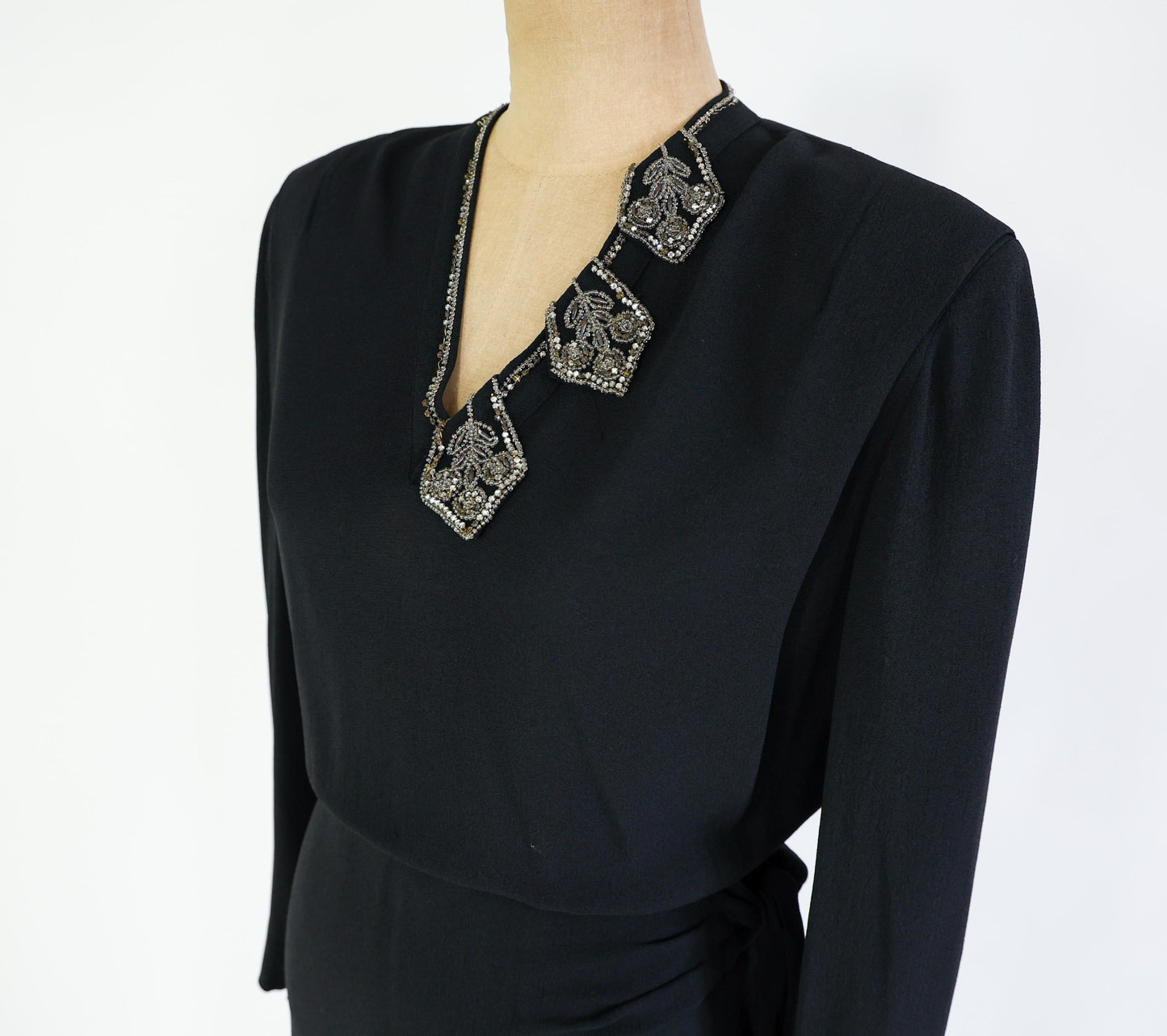 1940s Black Dress with Beaded Neckline, Extra Large, 36" Waist