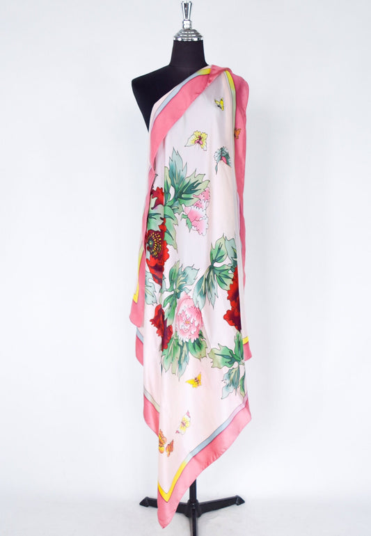 1980s Red Pink Floral Print Silk Scarf, Peony Flowers