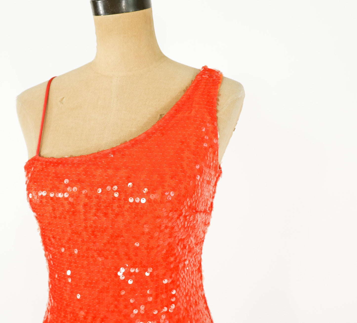 1990s Orange Sequin Mini Dress, One Shoulder Party Dress, Small