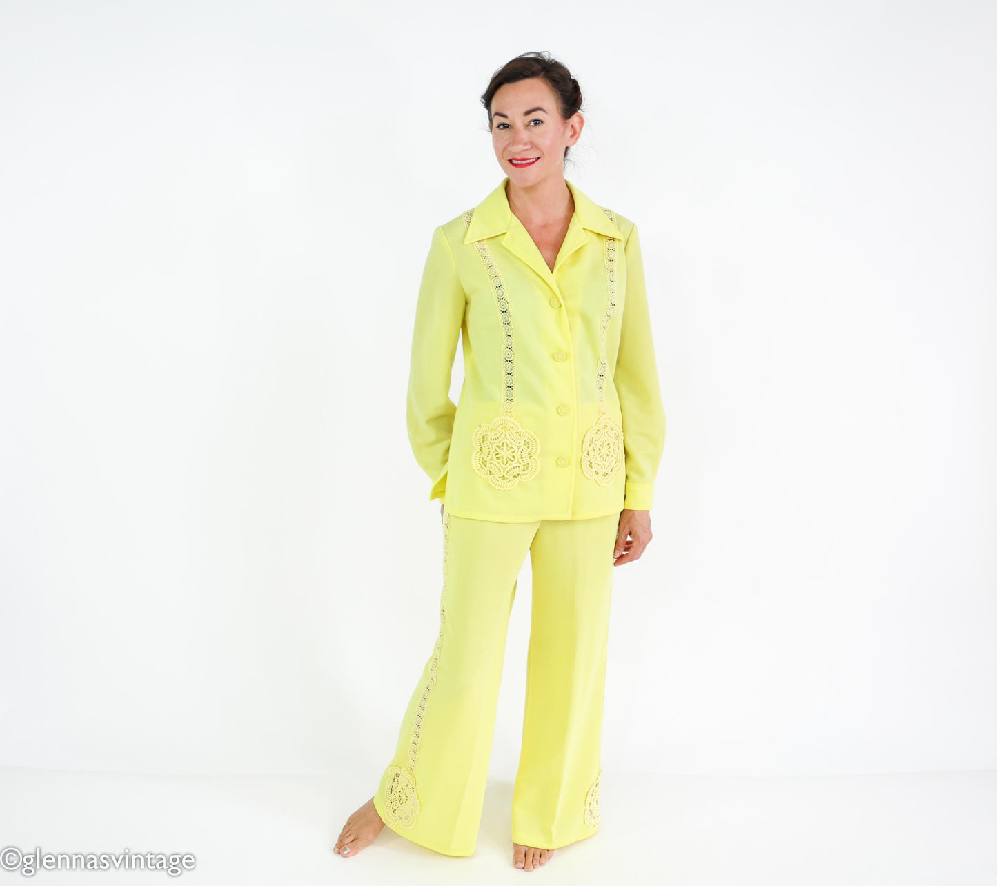 1960s Yellow Polyester Top & Pants Set, Large