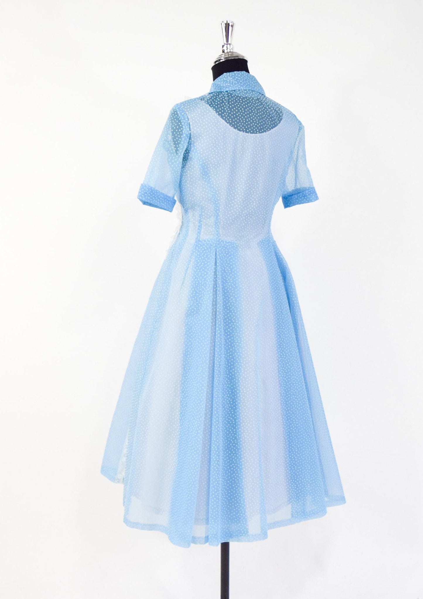 1950s Blue Dotted Swiss Dress with White Lace Trim, Small