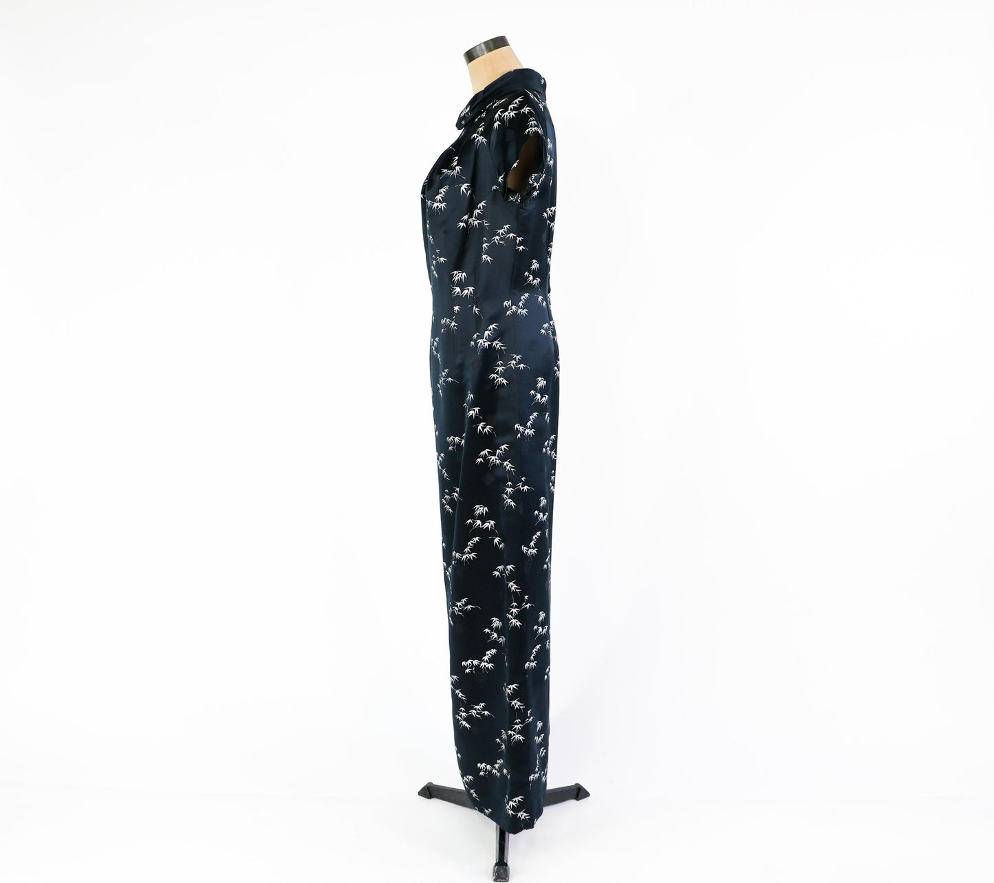 1950s Black & Silver Silk Evening Dress, Long Cheongsam Style Evening Dress, Large