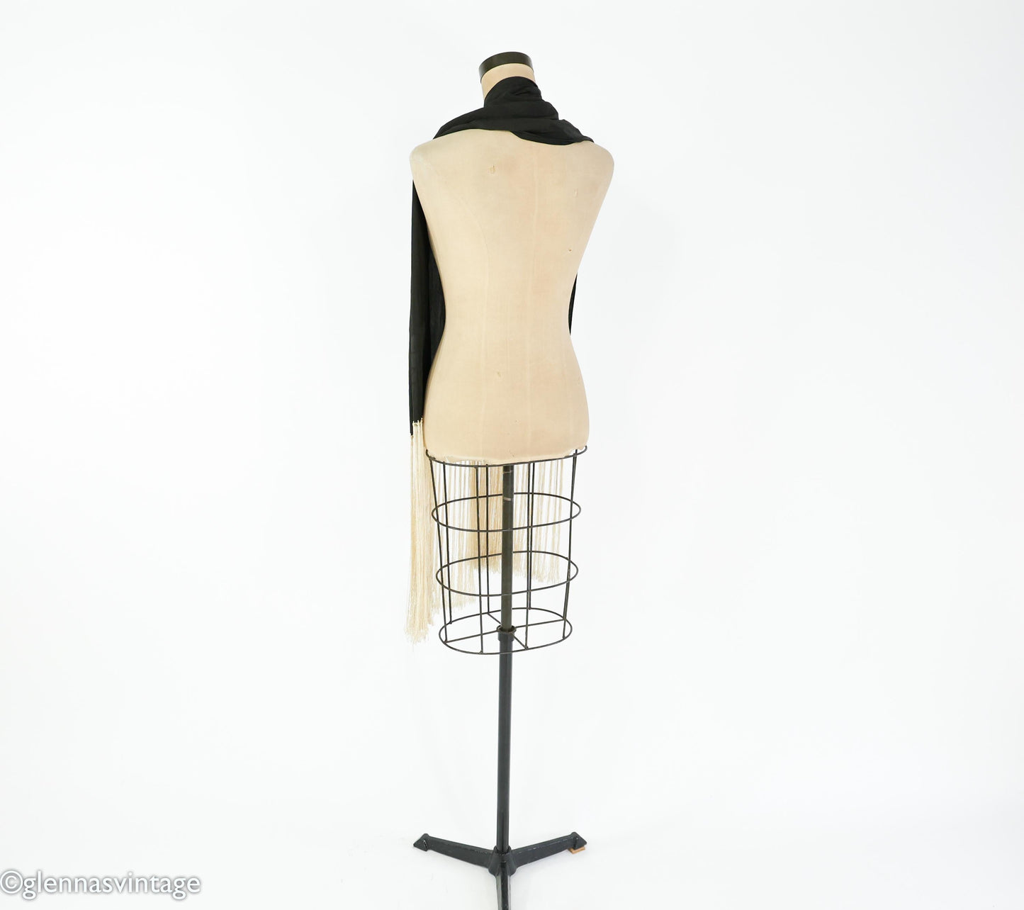 1920s Black Silk Scarf with Long Creme Fringe