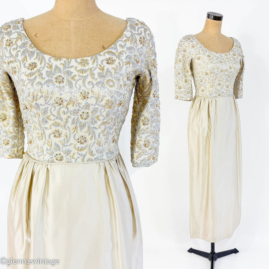 1950s Metallic Gold Beige Brocade Evening Gown, Wedding, Extra Small