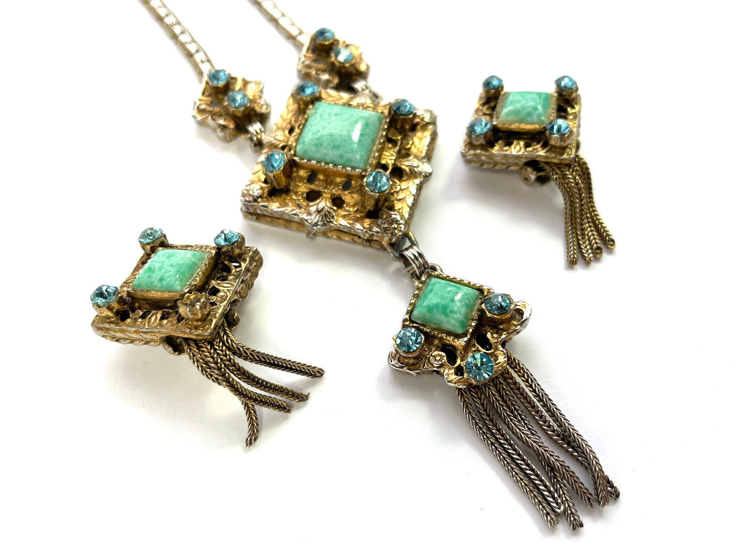 1940s Baroque Jewelry Set, Turquoise Stone Pendant Necklace & Earrings Set