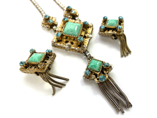 1940s Baroque Jewelry Set, Turquoise Stone Pendant Necklace & Earrings Set