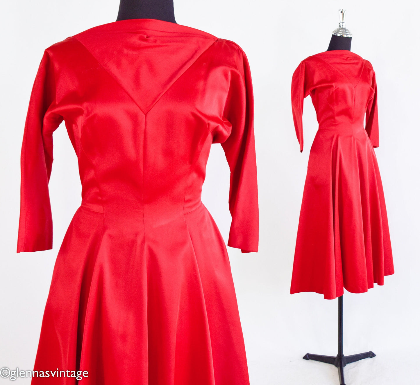 1950s Red Satin Party Dress, Holiday Party, Small