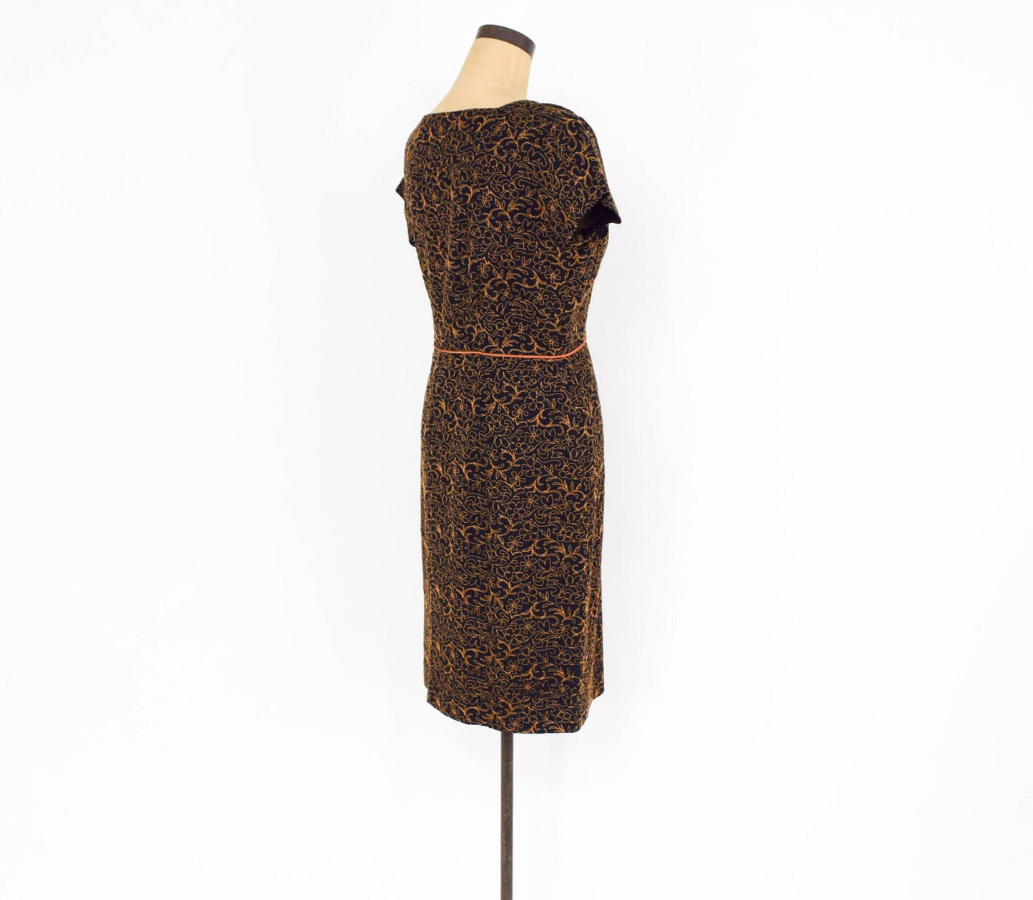 1940s Black & Brown Embroidered Cotton Dress, Large