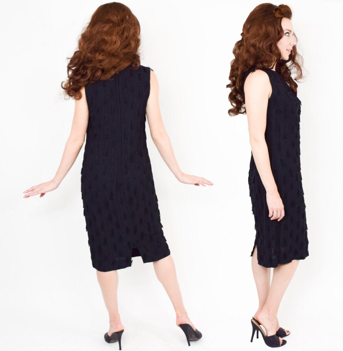 1950s Black Cotton Dress with Fringe, Small