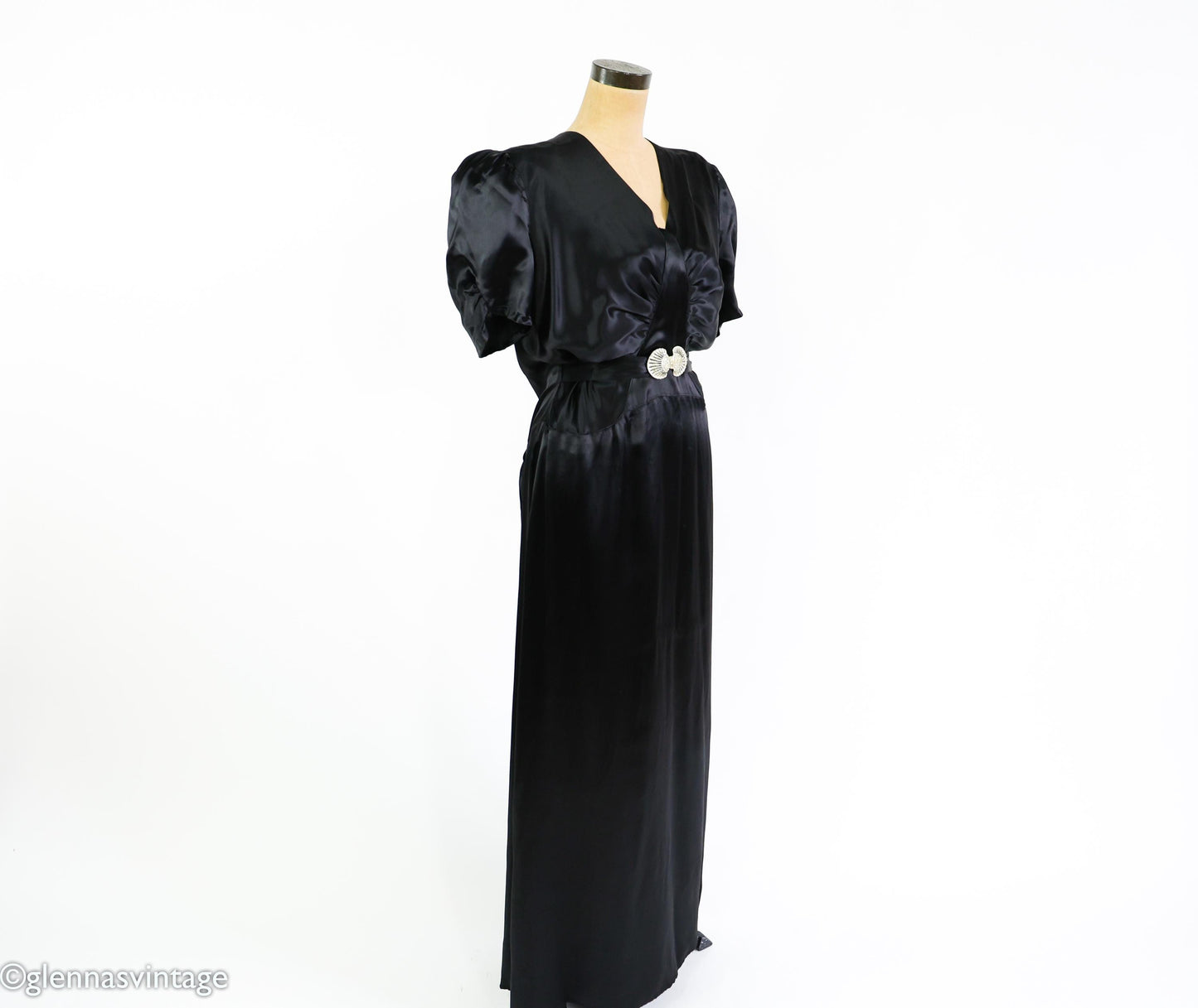 1930s Vintage Black Satin Evening Gown, Rhinestone Belt, Extra Large