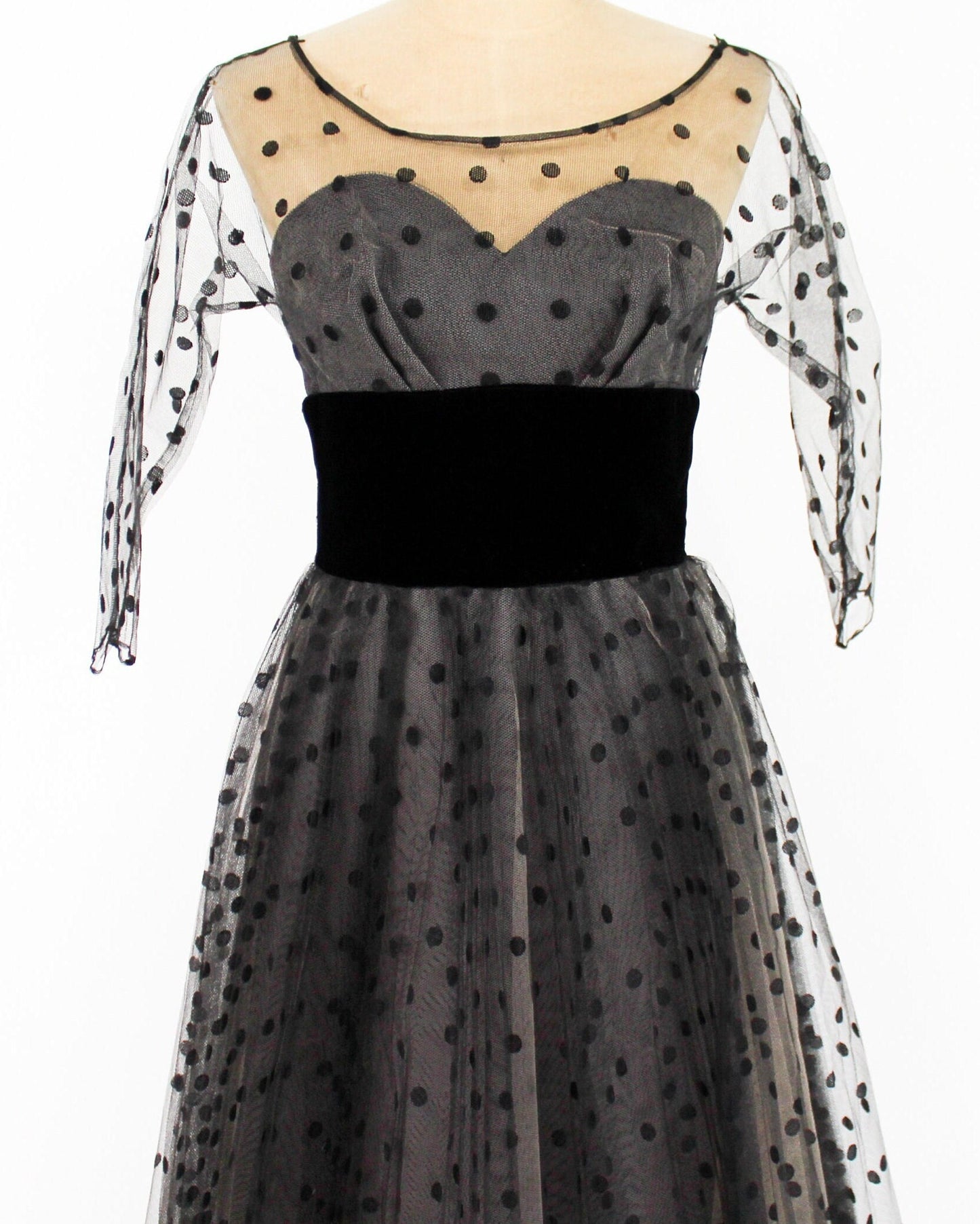 1950s Black Polka Dot Party Dress | 50s Black Tulle Cocktail Dress | Old Hollywood | X Small