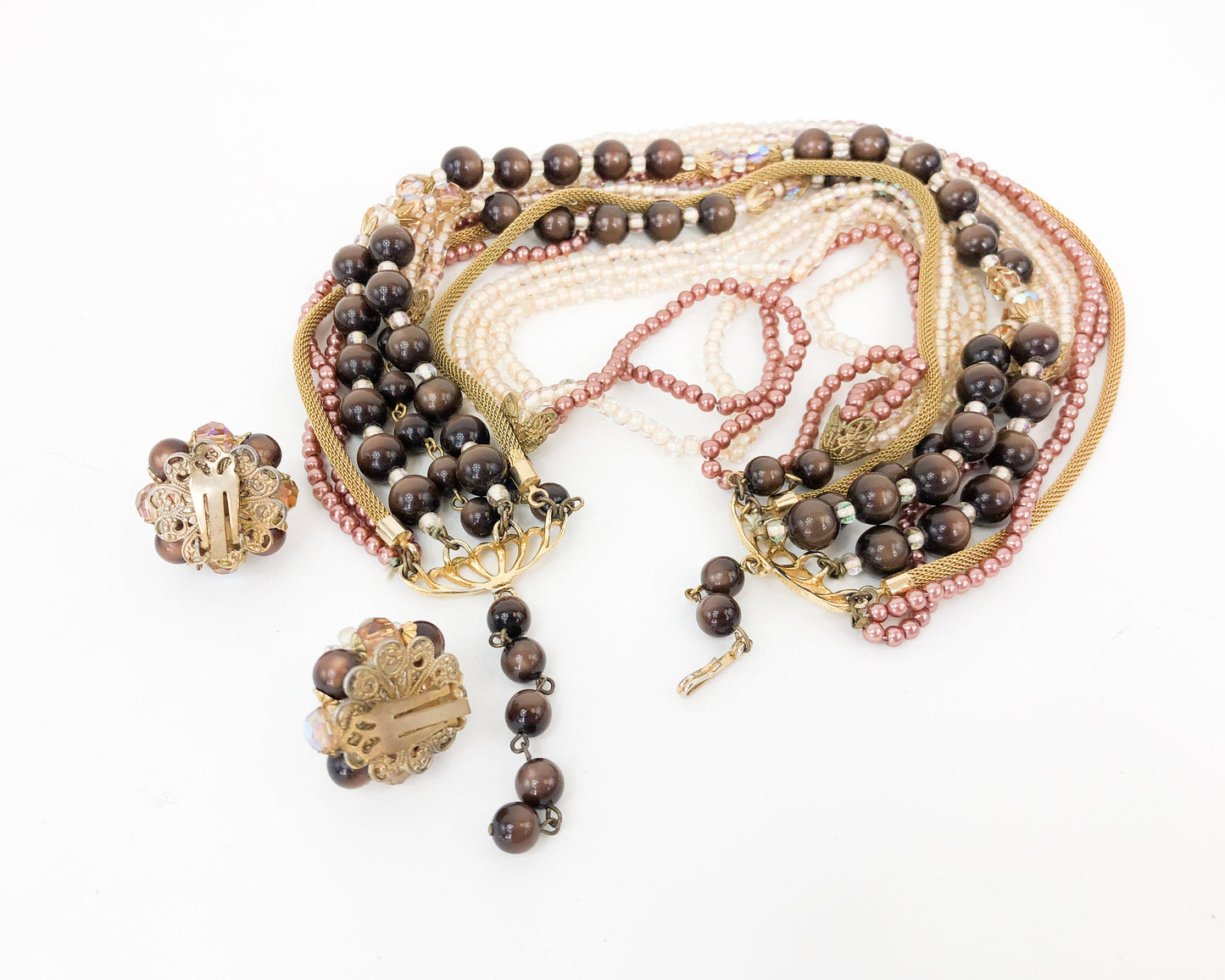 1950s Brown Evening Necklace & Earrings | 50s Gold Brown Multi-Strand Necklace Jewelry Set