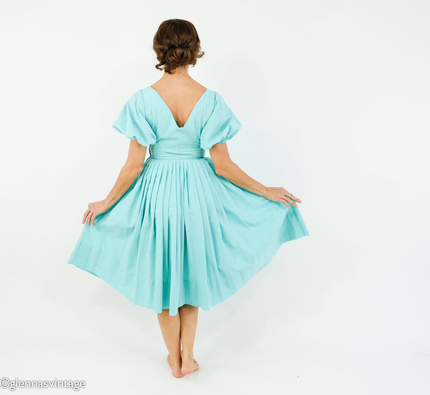 1950s Turquoise Blue Cotton Dress, Extra Small