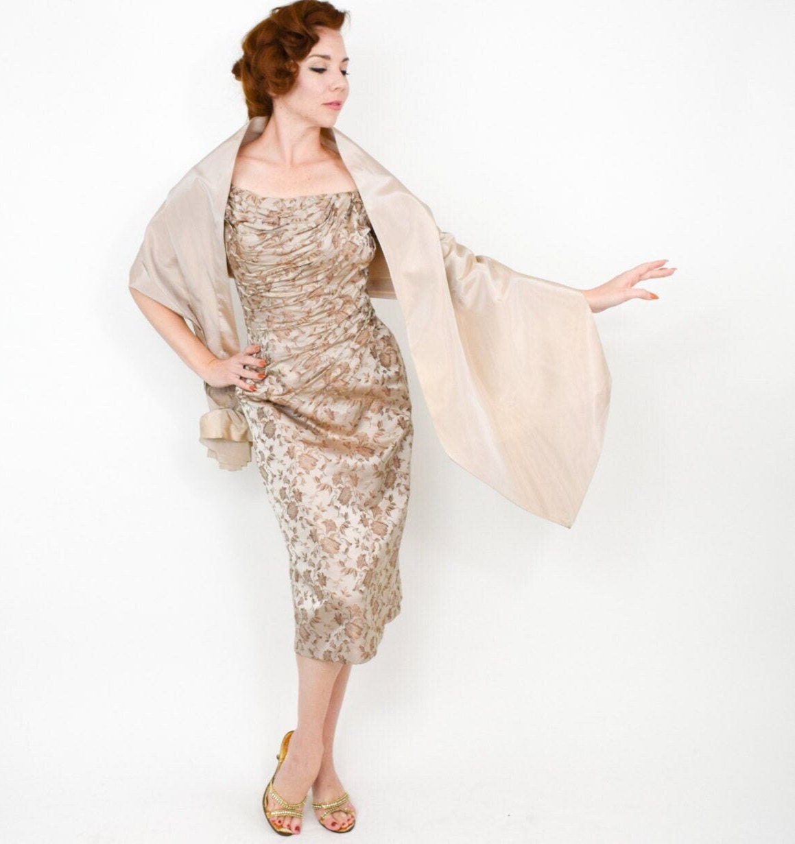 1950s Ceil Chapman Beige Silk Evening Gown, Small