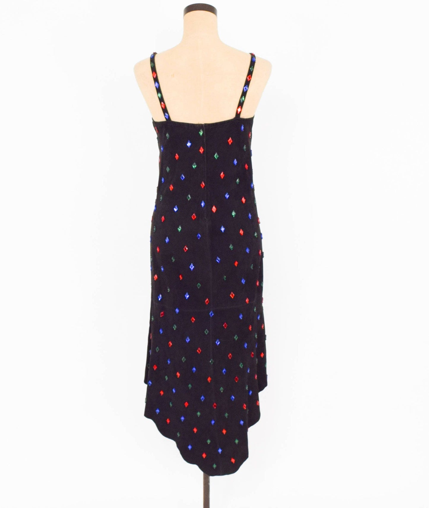 1980s Beaded Black Suede Leather Slip Dress, Medium