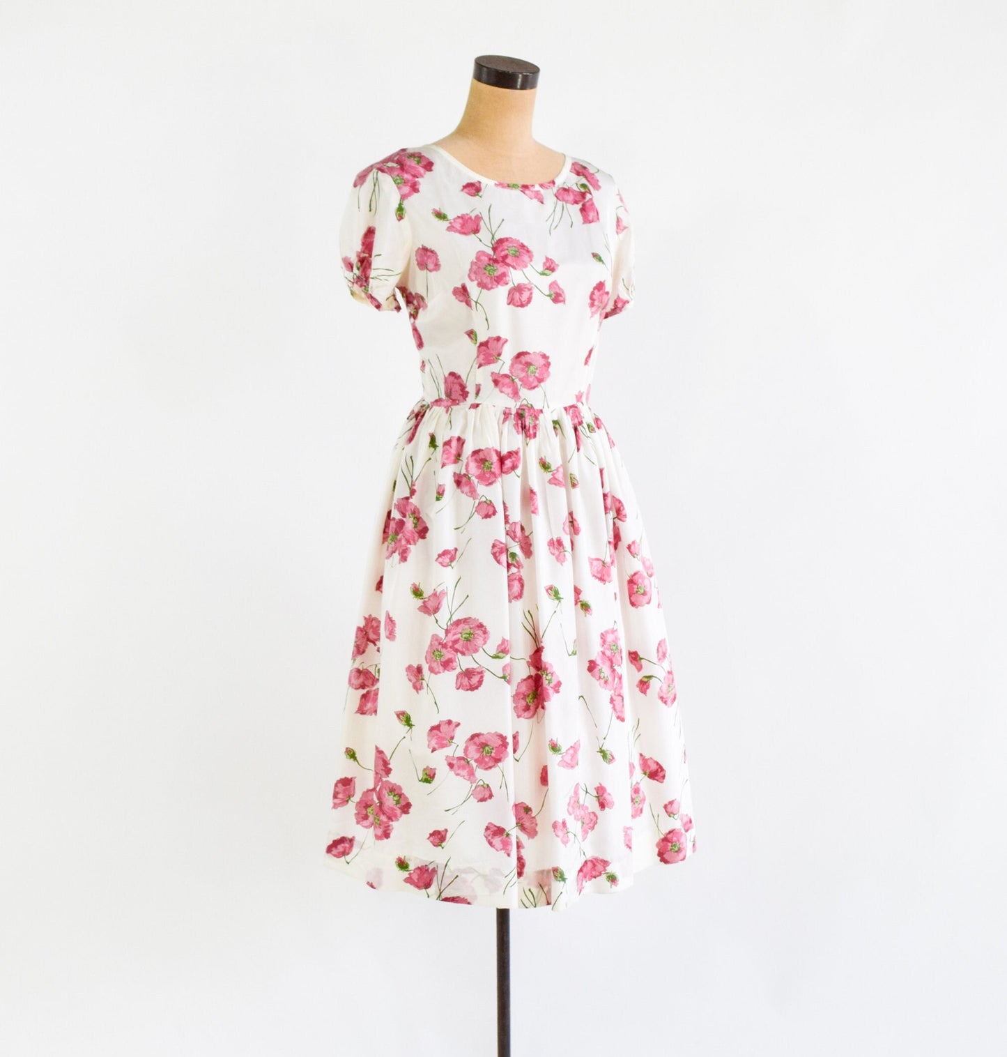 1950s Pink Floral Print Day Dress, Medium