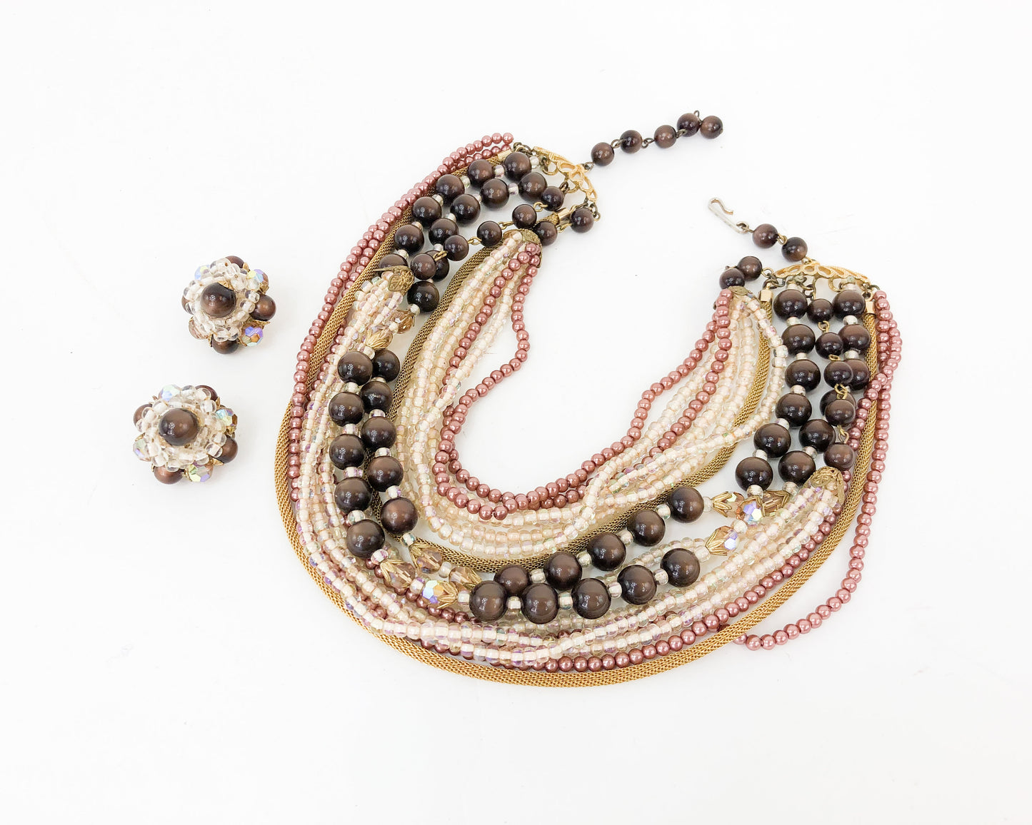 1950s Brown Evening Necklace & Earrings | 50s Gold Brown Multi-Strand Necklace Jewelry Set
