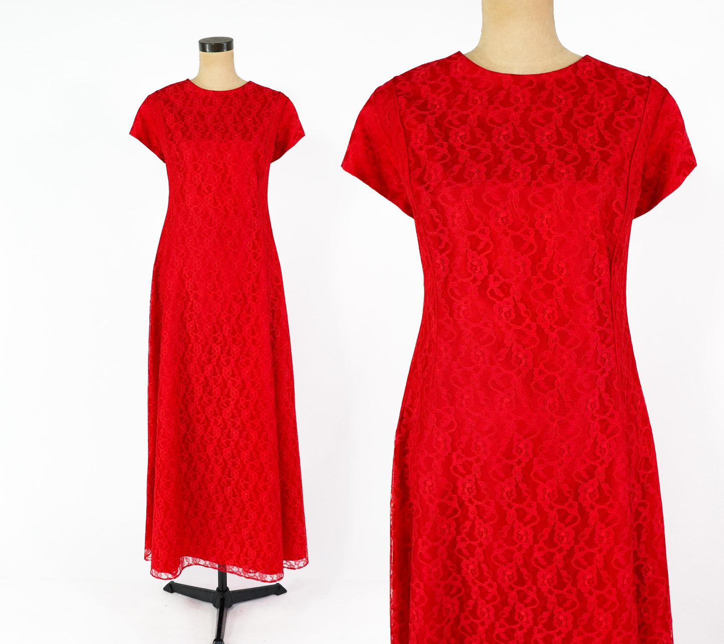 1960s Red Lace Maxi Dress, Extra Large