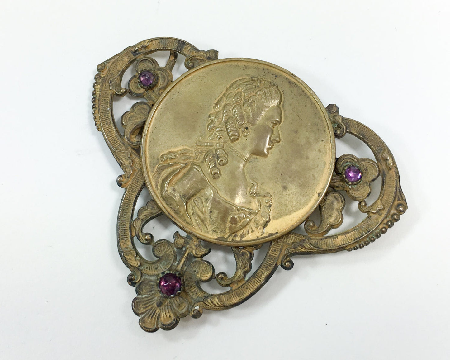 1900s Brass Belt Buckle | Antique Brass Cameo Rhinestone Belt Buckle