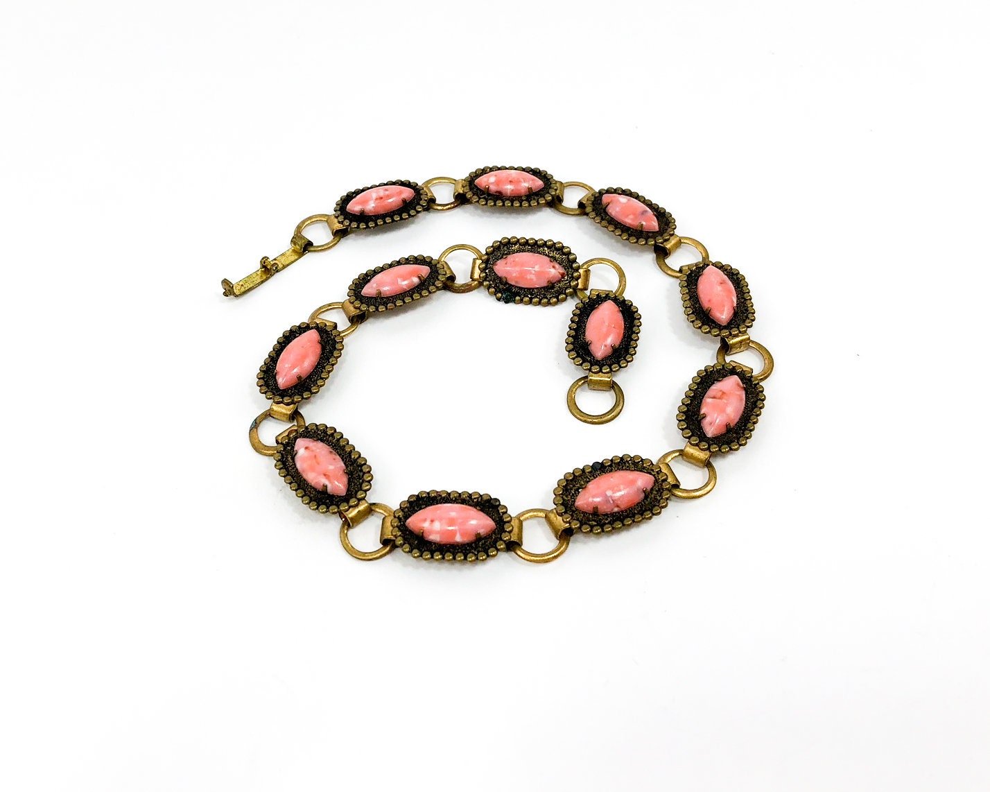 1940s Pink Choker Necklace | 40s Brass & Pink Plastic Link Necklace