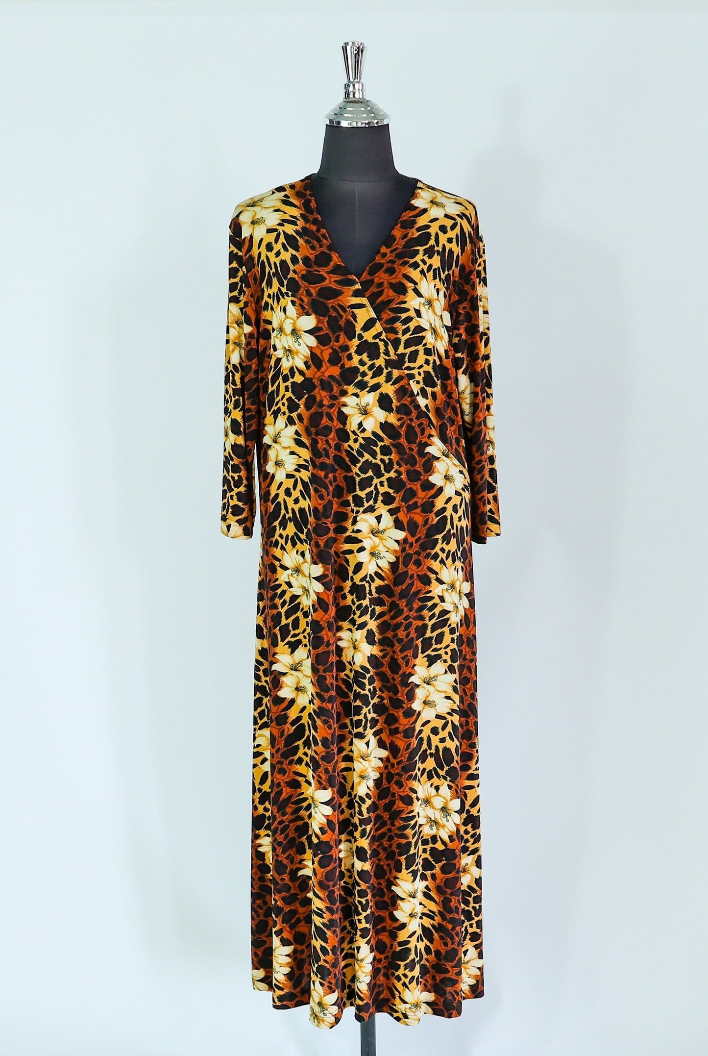 1980s Leopard Animal Print Caftan | 80s Brown Leopard Print & Flowers Maxi Dress | Carolyn Strauss | XLarge