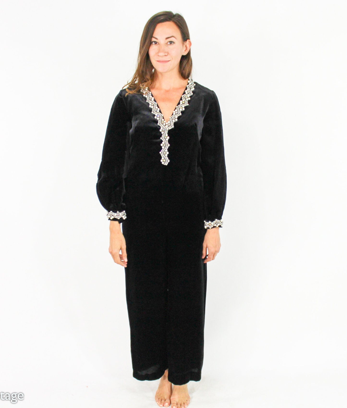 1970s Vintage Black Velvet Jumpsuit with Beaded Trim, Small
