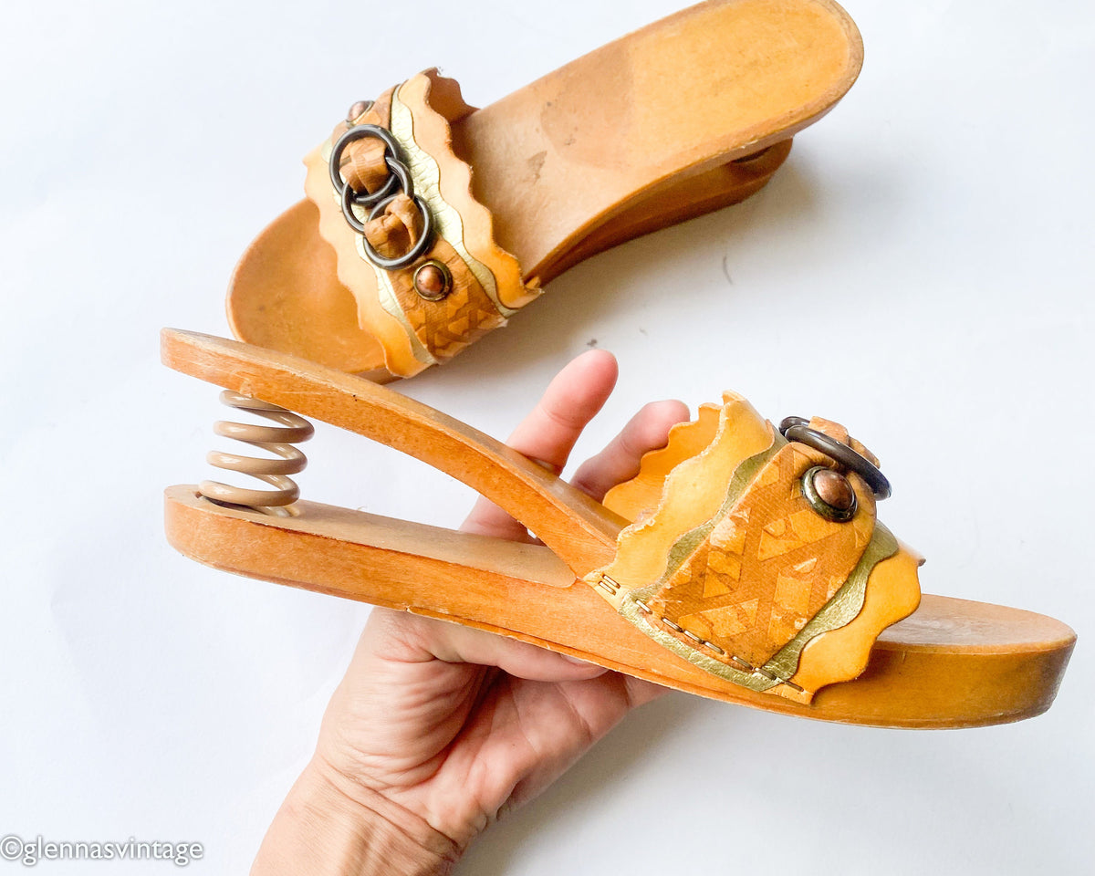 1970s Domo Italy Wooden Sandals Slides with Spring Heel