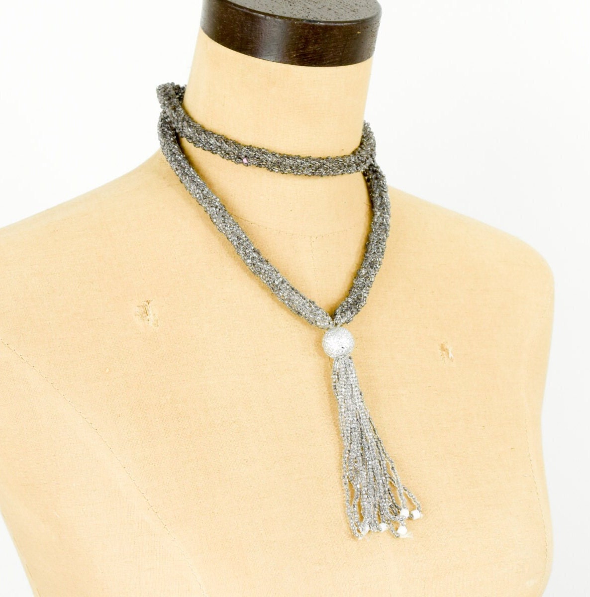1900s Silver Glass Beaded Rope Necklace | Flapper Tassel Pendant