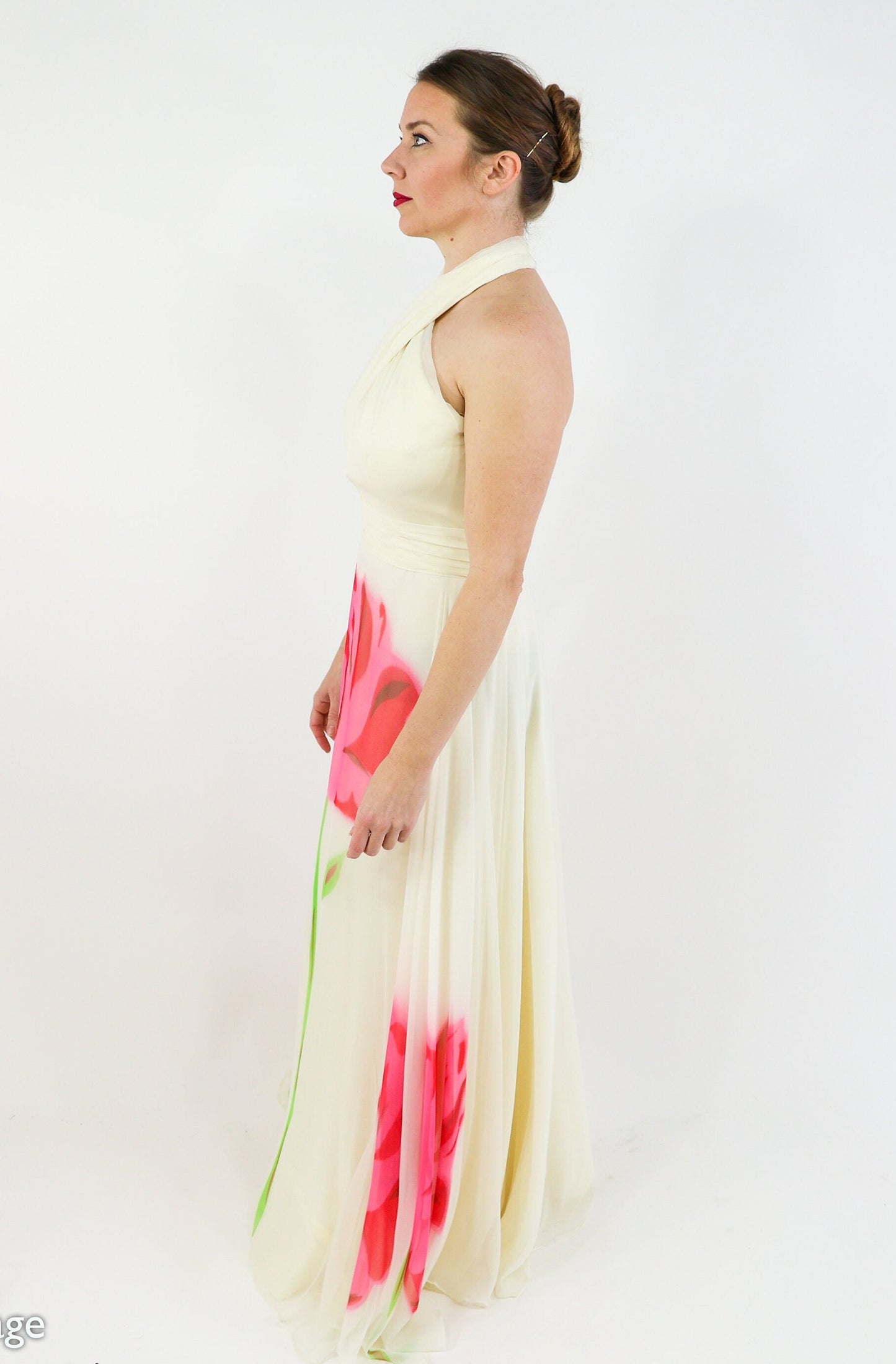 1950s Creme & Pink Silk Floral Evening Dress, Small