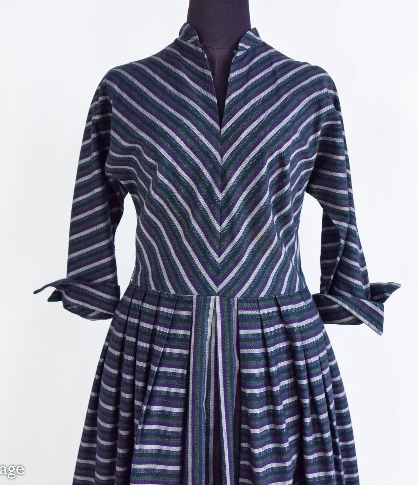 1940s Gray Chevron Striped Dress | 40s Striped  Cotton Day Dress | AnR Jr | Medium