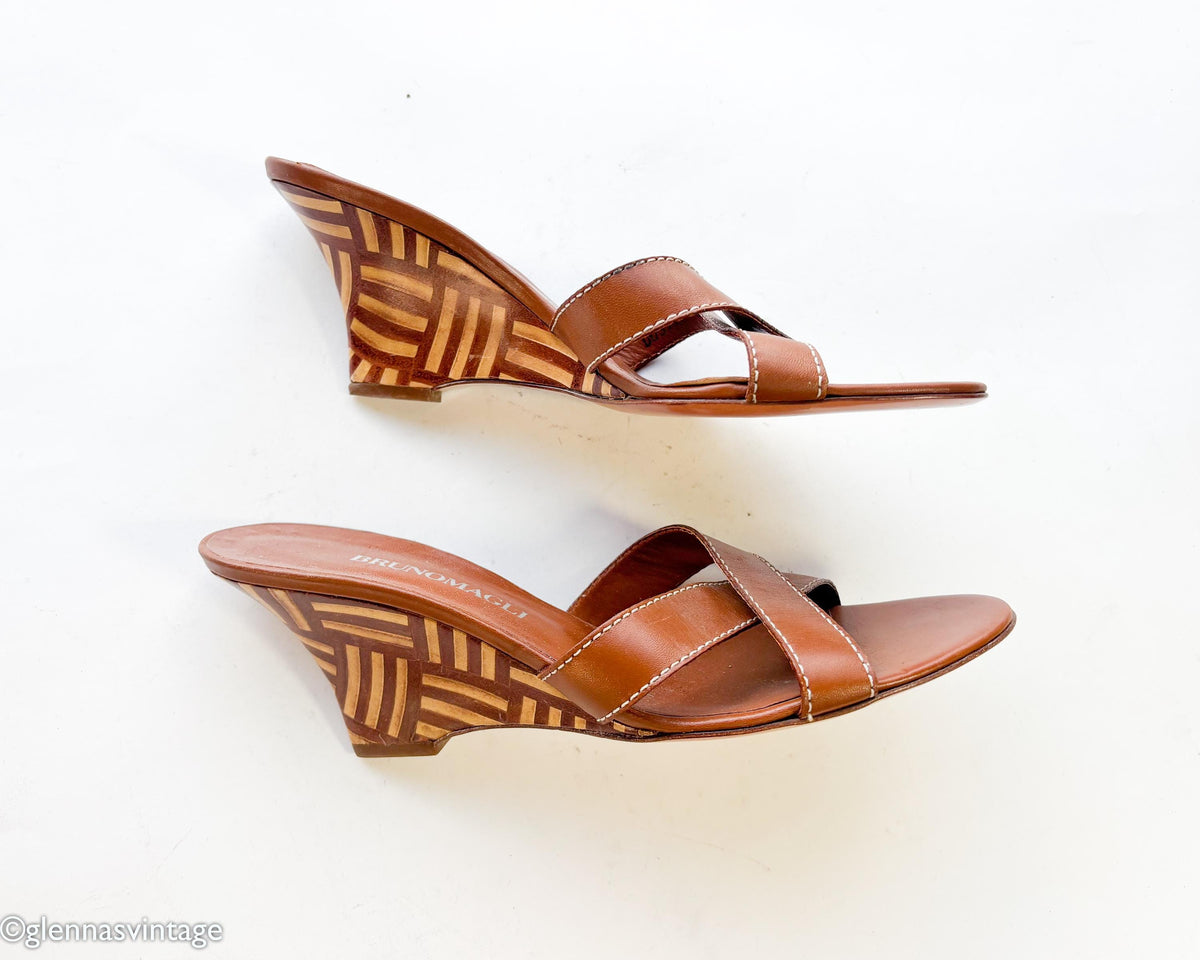 1990s Brown Leather Wedge Sandal Heels, Bruno Magli, US 6, EU 36.5
