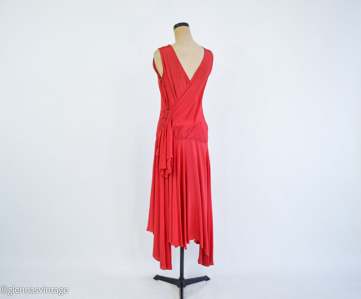 1930s Red Silk Crepe Evening Dress, Gatsby Party Gown, Small