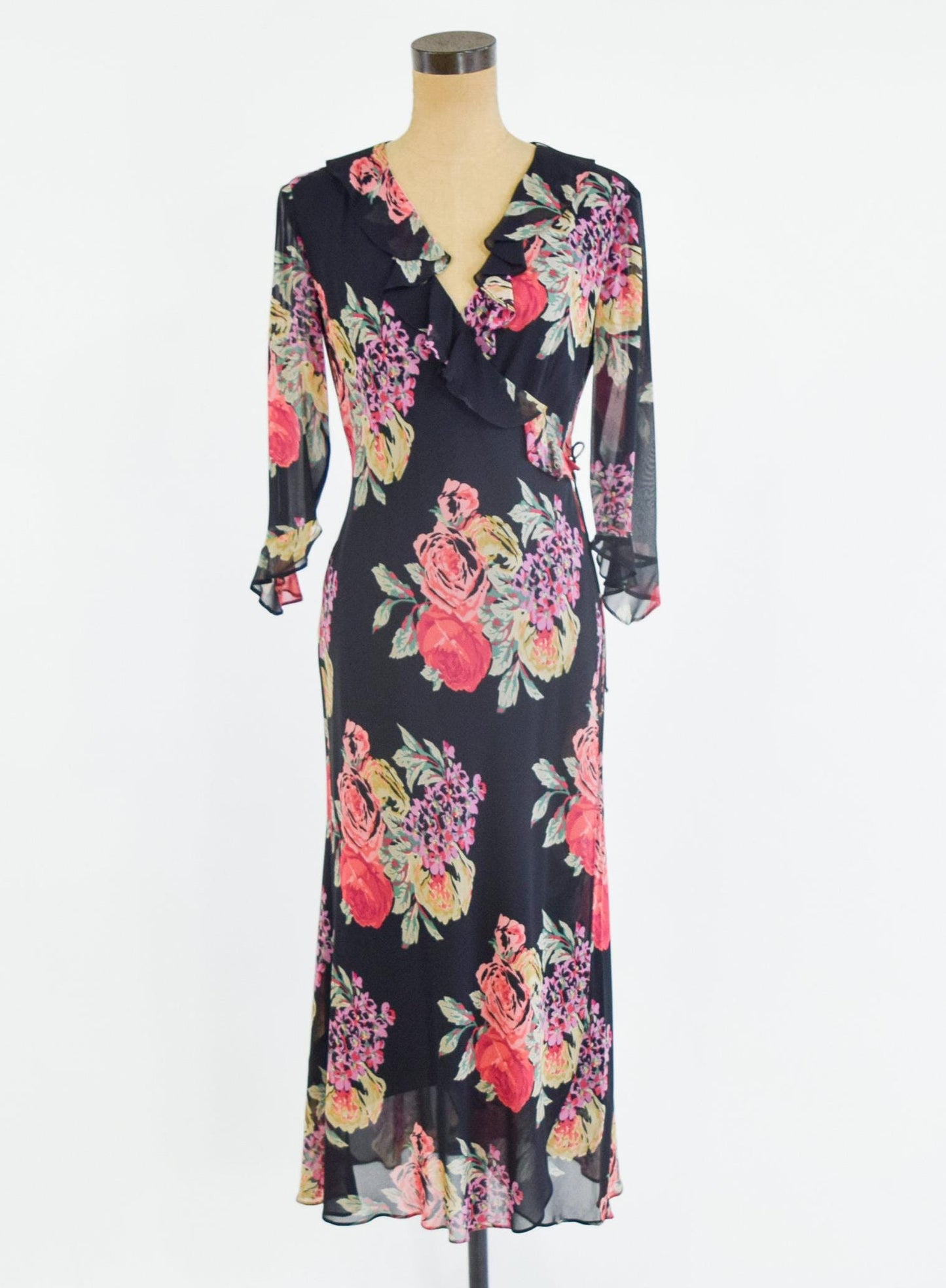 2000s Black Floral Wrap Dress, Ralph Lauren Size 8