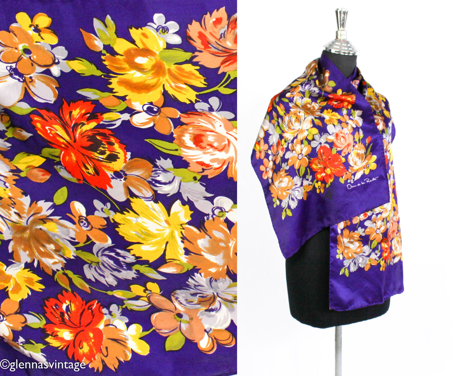 1980s Oscar de la Renta Purple Floral Silk Scarf